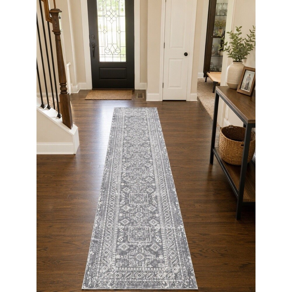 2 x 10 Long Geometric Runner Area Rug for Hallway Gray, White Washable Non-Slip